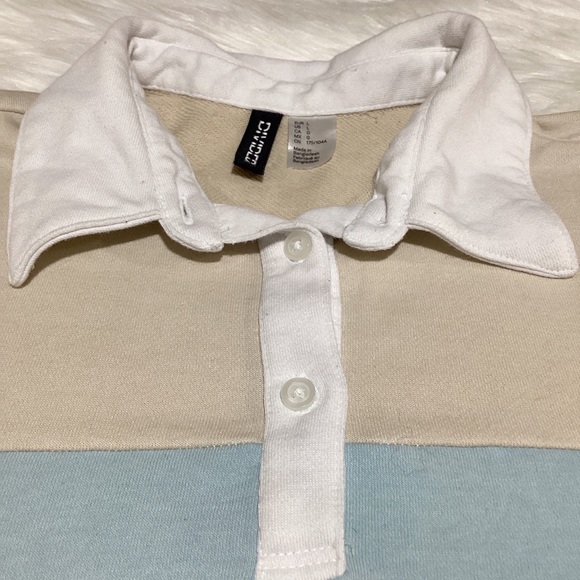 H&M Divided Skyblue Cream Retro Cotton Polo Shirt Collared Short Sleeves Top - Picture 2 of 4